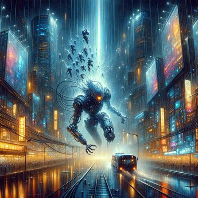 The primary subject of the image is a futuristic robot with a metallic appearance, standing on a rain-soaked city street. The robot is positioned in the center of the scene, towering over the surrounding environment.

The setting is a rainy city street with a train passing by in the background. The background features a cityscape with tall buildings and a train passing by. The visual style of the image is a combination of digital art and illustration, creating a unique and captivating scene.